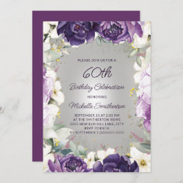 Invitación Elegante Purpurina morado blanco floral 60 cumplea