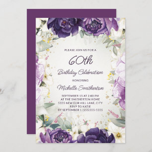 Invitación Elegante Purpurina morado blanco floral 60 cumplea