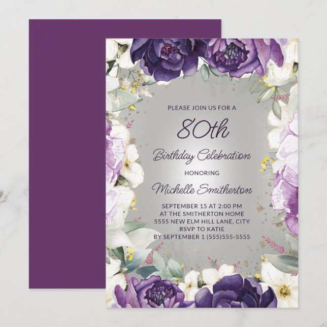 Invitación Elegante Purpurina morado blanco floral 80 cumplea (Anverso / Reverso)