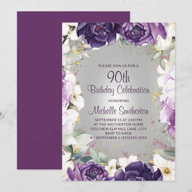 Invitación Elegante Purpurina morado blanco floral 90 cumplea (Anverso / Reverso)