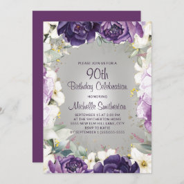 Invitación Elegante Purpurina morado blanco floral 90 cumplea