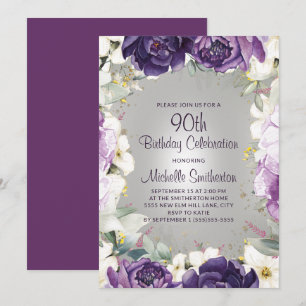 Invitación Elegante Purpurina morado blanco floral 90 cumplea