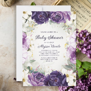 Invitación Elegante Purpurina morado blanco floral Baby Showe