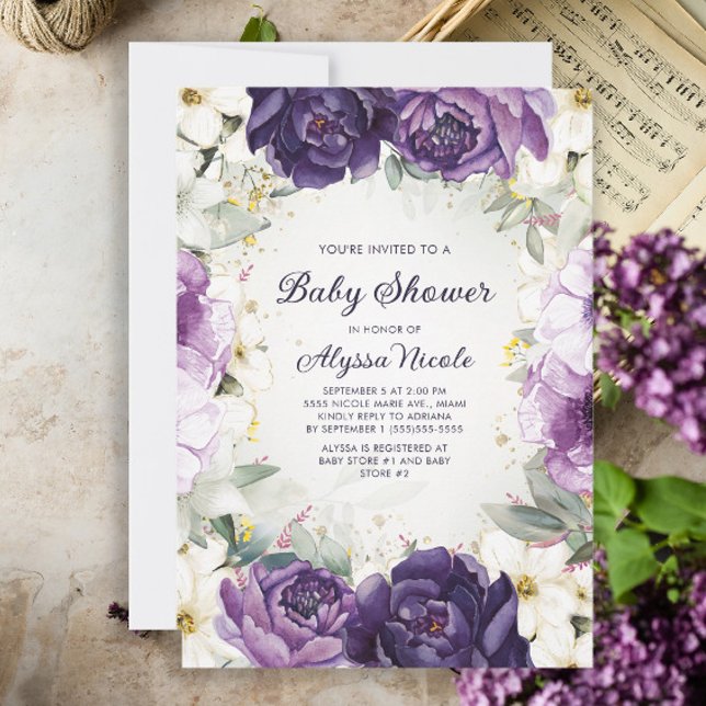 Invitación Elegante Purpurina morado blanco floral Baby Showe (Subido por el creador)