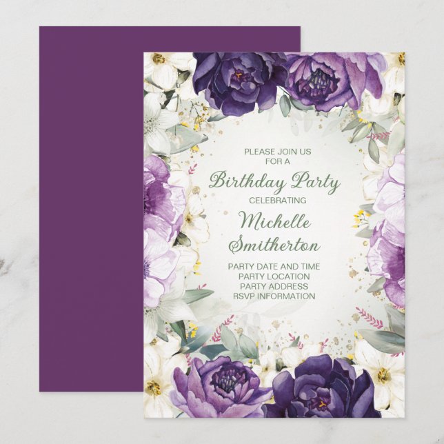 Invitación Elegante Purpurina morado blanco floral cumpleaños (Anverso / Reverso)