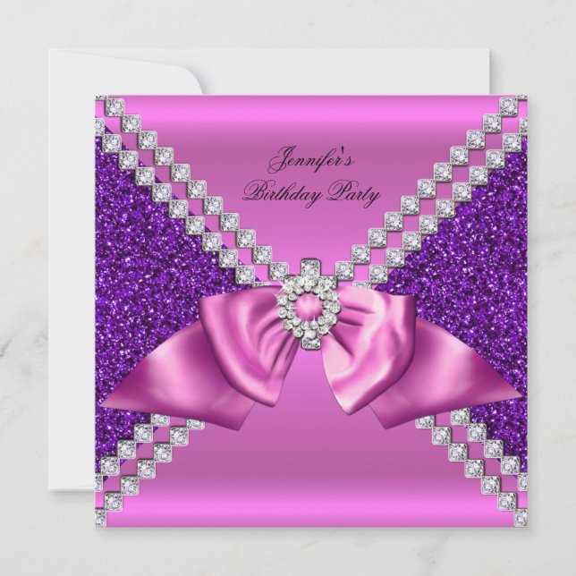 Invitación Elegante Purpurina Morado Rosa Diamante Bow Cumple (Anverso)