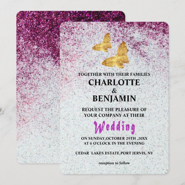 Invitación Elegante Purpurina morado y Boda de mariposa de or (Anverso / Reverso)