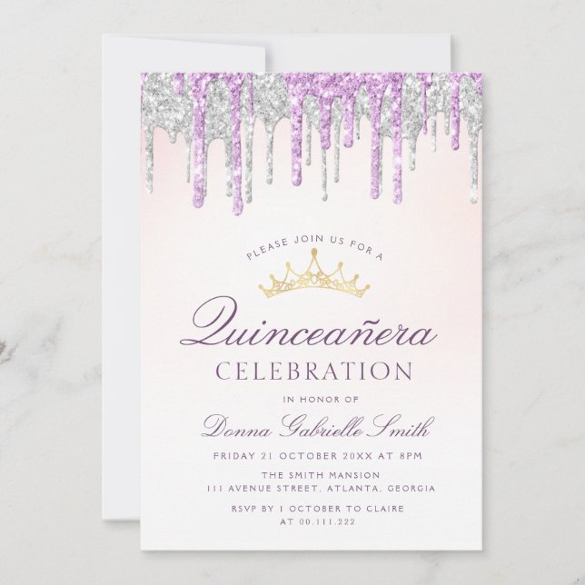 Invitación Elegante purpurina morado y plateado Quinceanera (Anverso)