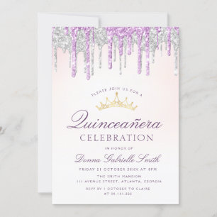 Invitación Elegante purpurina morado y plateado Quinceanera