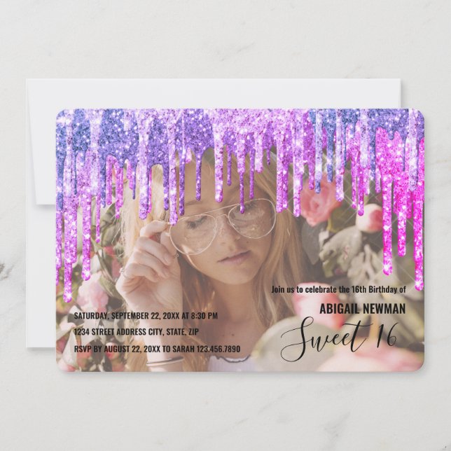Invitación Elegante purpurina morado y rosa gotea dulce dieci (Anverso)
