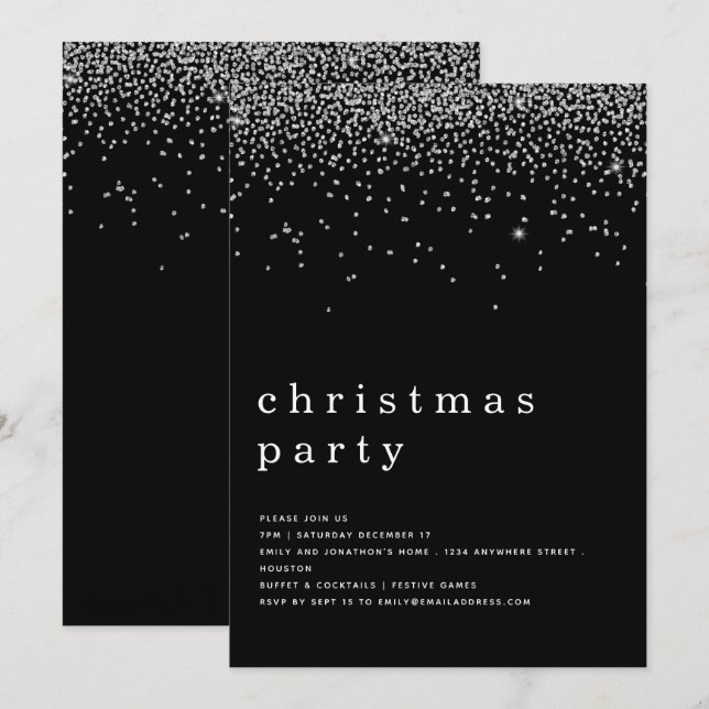 Invitación Elegante Purpurina Navidades de Plata Fiesta Negro (Anverso / Reverso)