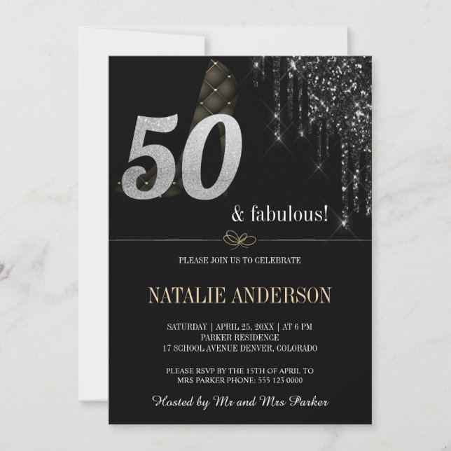 Invitación Elegante Purpurina negro agudo 50 (Anverso)