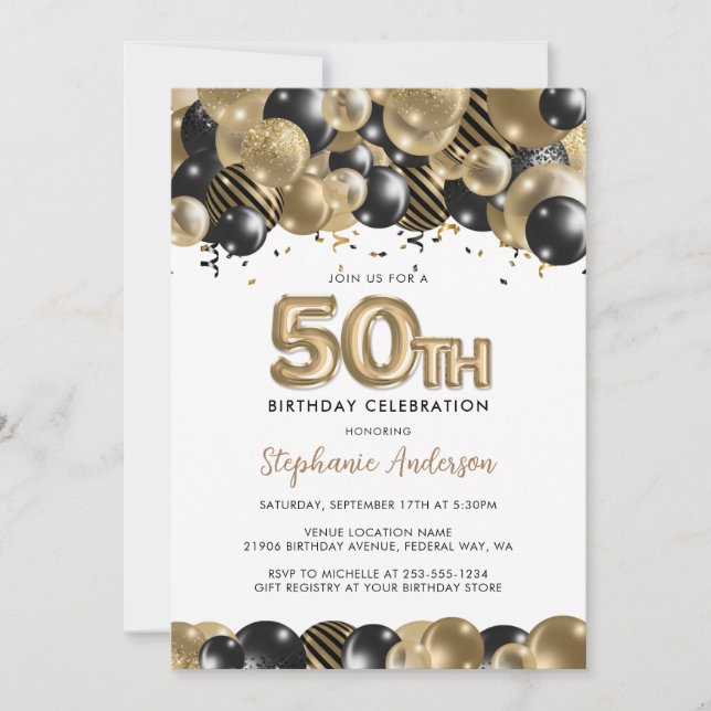 Invitación Elegante Purpurina negro de oro 50 cumpleaños (Anverso)