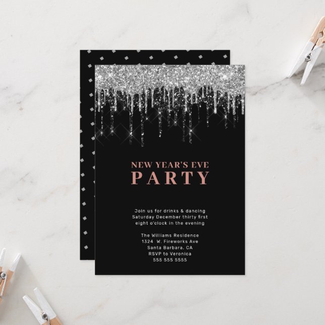 Invitación Elegante Purpurina negro de plata gotea en la vísp (Anverso/Reverso In Situ)