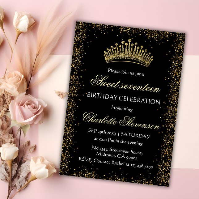 Invitación Elegante Purpurina negro dulce de la corona de oro (Subido por el creador)