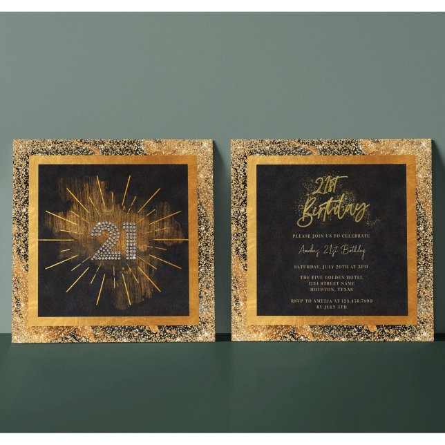 Invitación Elegante Purpurina negro y oro Fiesta de cumpleaño (Subido por el creador)