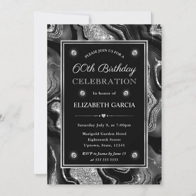 Invitación Elegante Purpurina negro y plateado Agate 60 cumpl (Anverso)