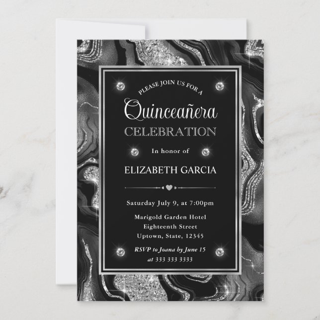 Invitación Elegante Purpurina negro y plateado Agate Quincean (Anverso)
