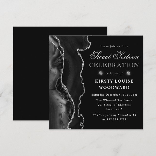 Invitación Elegante Purpurina negro y plateado Agate Sweet 16 (Anverso / Reverso)