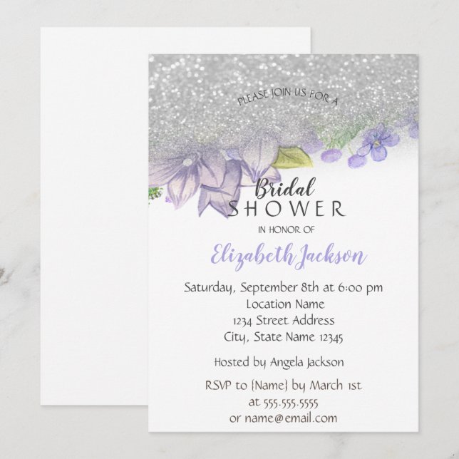 Invitación Elegante Purpurina Ombre, Flores Ducha Bridal (Anverso / Reverso)