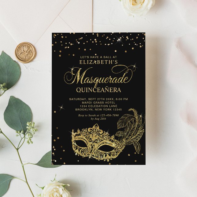 Invitación Elegante Purpurina Oro Negro Masquerade Quinceañer (Subido por el creador)