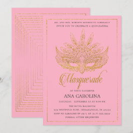 Invitación Elegante Purpurina Oro Rosa Masquerade Quinceañera