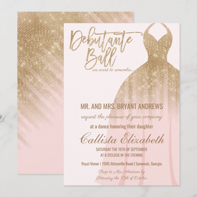 Invitación Elegante Purpurina Oro Rosa Vestido Debutante Danz (Anverso / Reverso)