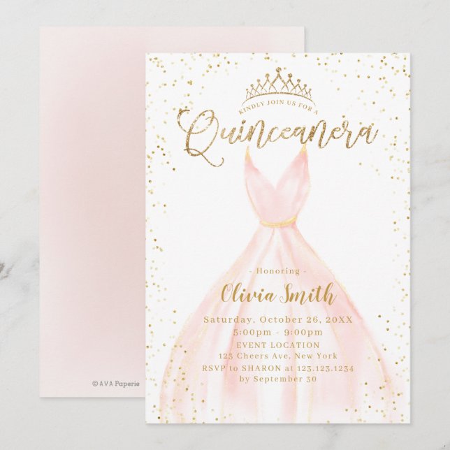 Invitación Elegante purpurina oro y Cenicienta rosa Quinceañe (Anverso / Reverso)