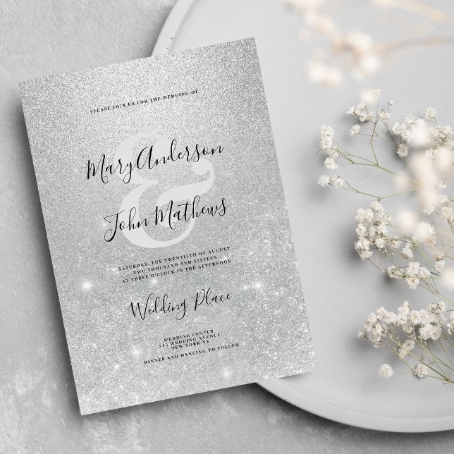 Invitación Elegante purpurina oscuro, negro, aguafiestas y Bo (Elegant silver ombre glitter ampersand Wedding )