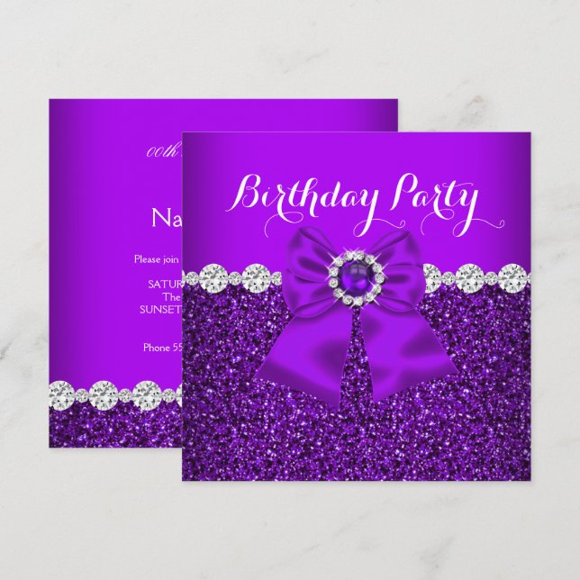 Invitación Elegante Purpurina Perla Púrpura Diamantes Bow Cum (Anverso / Reverso)