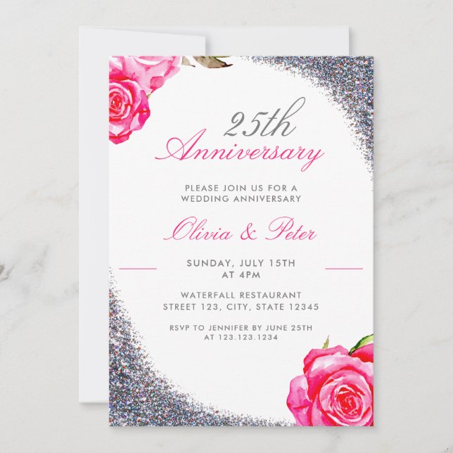 Invitación Elegante Purpurina Plata 25 Aniversario del Boda (Anverso)