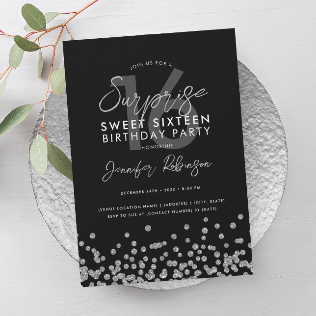 Invitación Elegante Purpurina Plata Confetti Sorpresa Dulce 1 (Elegant Silver Glitter Confetti Surprise Sweet 16 Invitation)