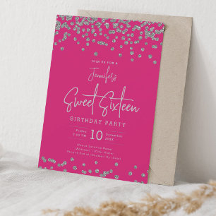 Invitación Elegante Purpurina Plata Confetti Sweet 16 Hot Pin