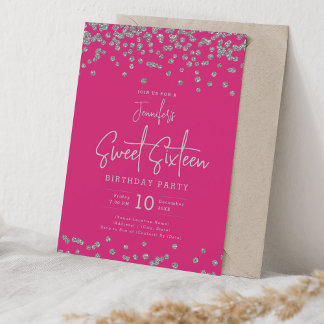 Invitación Elegante Purpurina Plata Confetti Sweet 16 Hot Pin