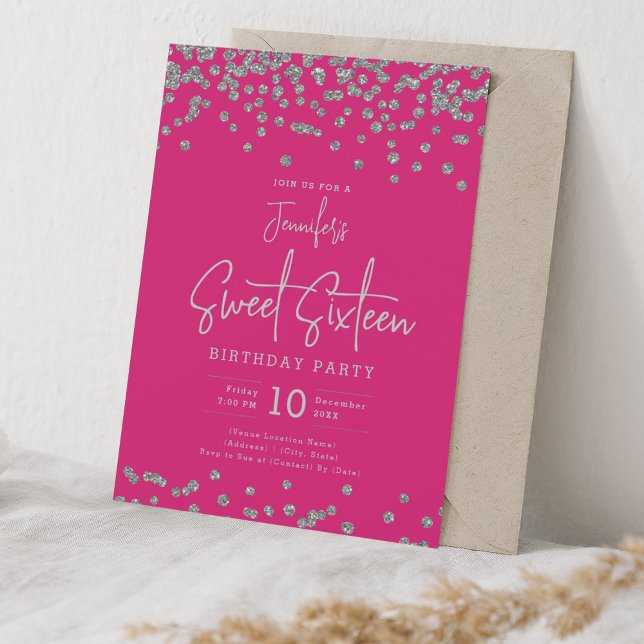 Invitación Elegante Purpurina Plata Confetti Sweet 16 Hot Pin (Elegant Silver Glitter Confetti Sweet 16 Hot Pink Invitation)