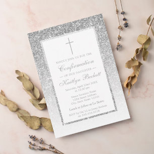 Invitación Elegante Purpurina Plata Confirmación O Christenin