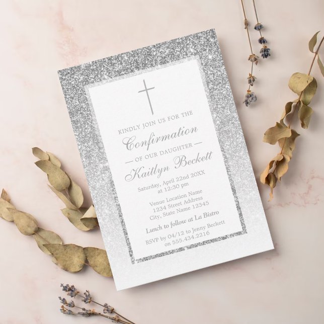 Invitación Elegante Purpurina Plata Confirmación O Christenin (Subido por el creador)