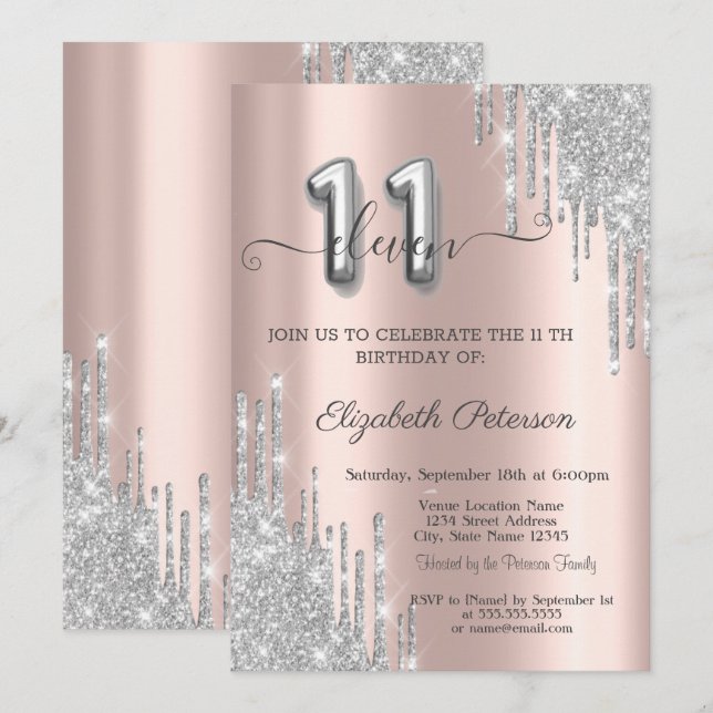 Invitación Elegante Purpurina Plata Drips Rosa Oro 11 (Anverso / Reverso)
