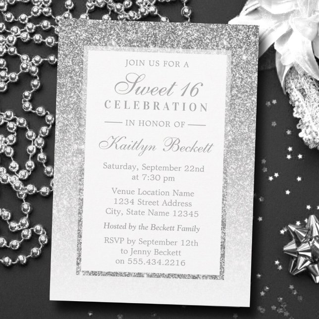 Invitación Elegante Purpurina Plata dulce 16 cumpleaños (Subido por el creador)