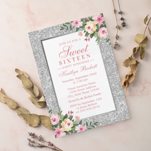 Invitación Elegante Purpurina Plata Dulce Floral 16 Cumpleaño (Subido por el creador)