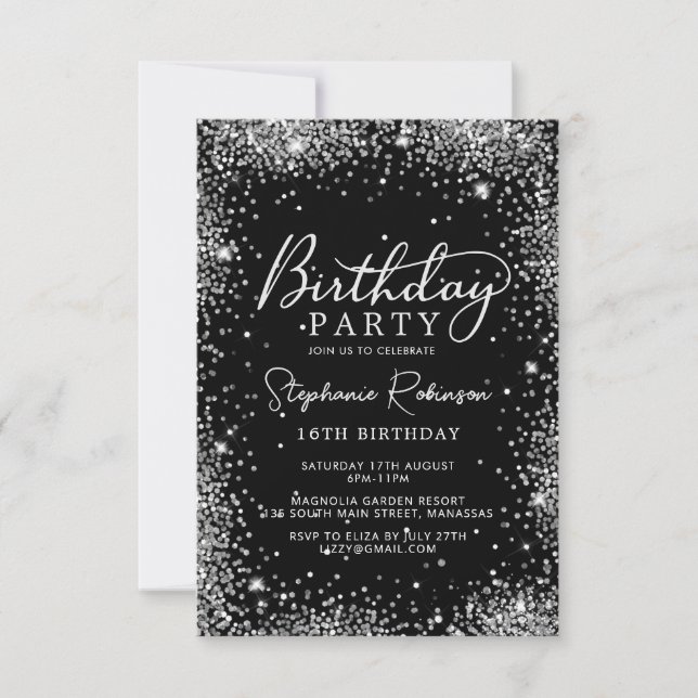 Invitación Elegante Purpurina Plata Dulce Negro 16 Cumpleaños (Anverso)