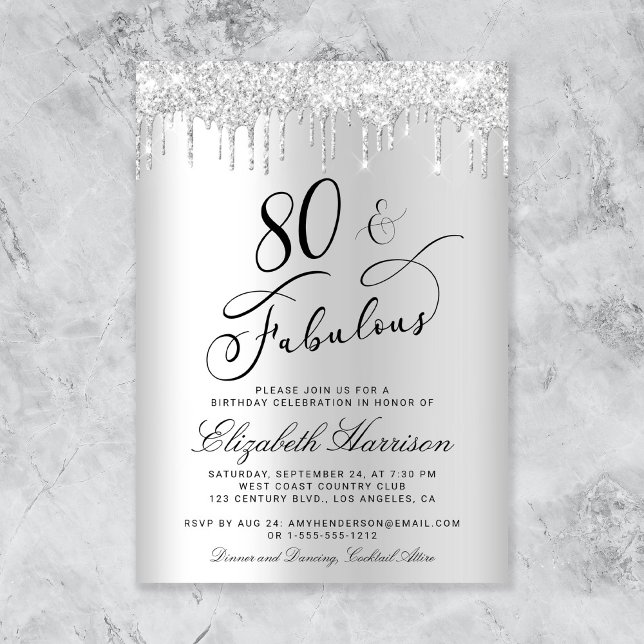 Invitación Elegante Purpurina Plata Fiesta de Cumpleaños 80 (Subido por el creador)