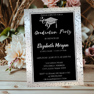 Invitación Elegante Purpurina Plata Graduación Cap,Confetti