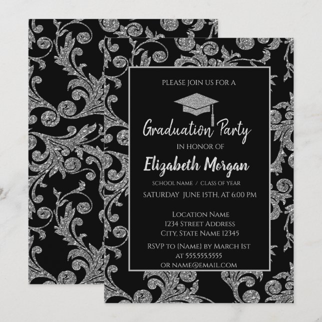 Invitación Elegante Purpurina Plata Graduación Cap,Swirls (Anverso / Reverso)