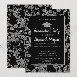 Invitación Elegante Purpurina Plata Graduación Cap,Swirls