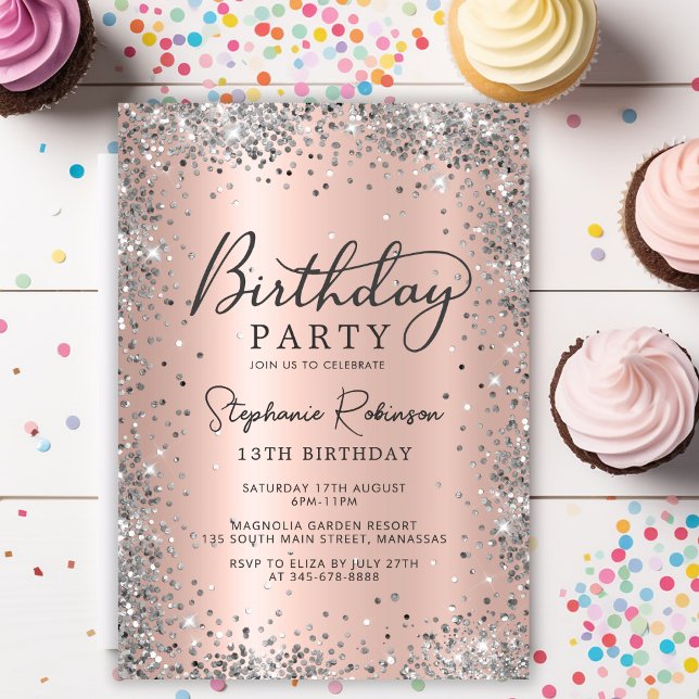 Invitación Elegante Purpurina Plata Rosa Oro 13 cumpleaños (Subido por el creador)