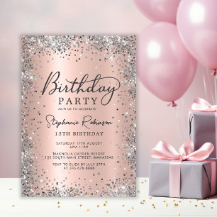 Invitación Elegante Purpurina Plata Rosa Oro 13 cumpleaños