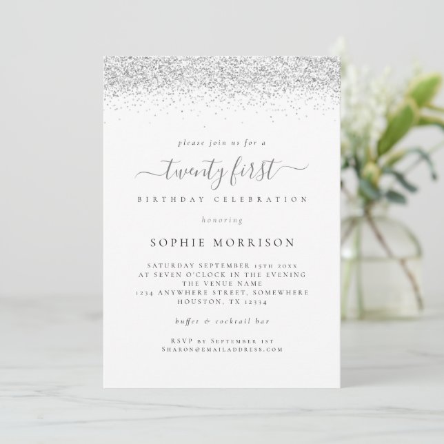 Invitación Elegante Purpurina Plata Veintiún Fiesta de Cumple (Anverso de pie)