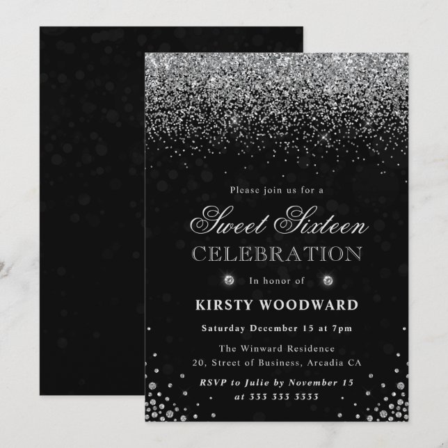 Invitación Elegante Purpurina Plata y Diamantes Dulces Diecis (Anverso / Reverso)