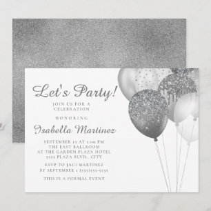 Invitación Elegante Purpurina plateado blanco globos dulce 16